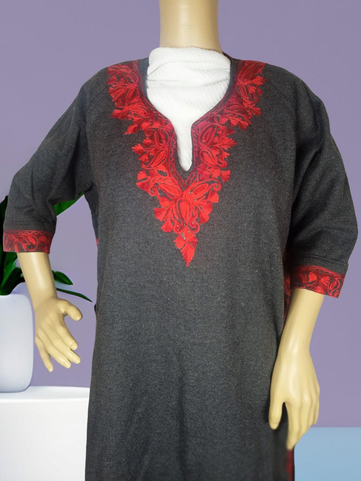 Ladies Yak Wool Faran | Grey XL | Kasmiri Culture - ZANSKAR ARTS