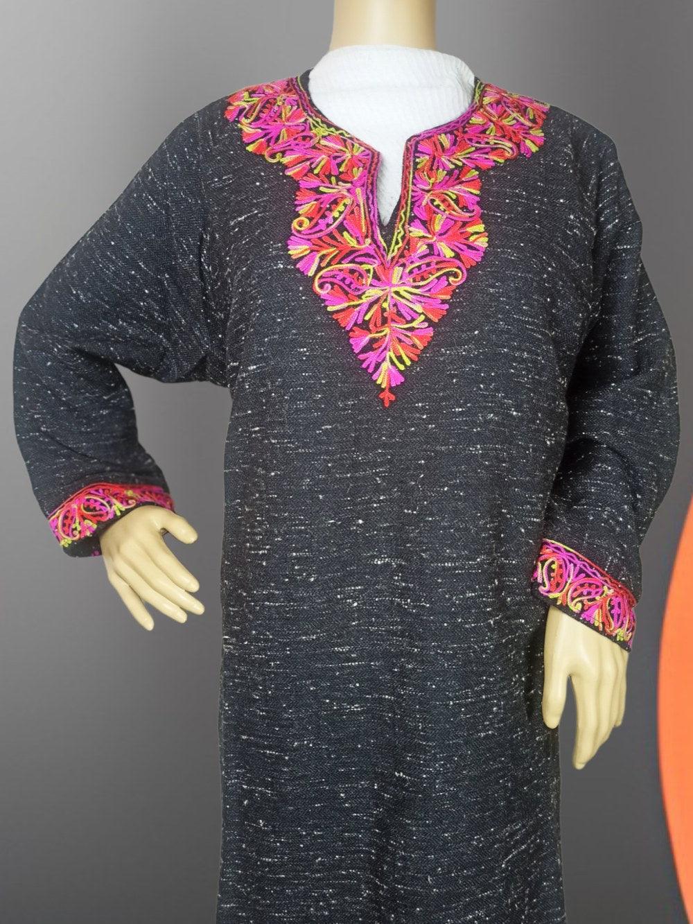 Ladies Yak Wool Faran | Natural Black XL | Kasmiri Culture - ZANSKAR ARTS