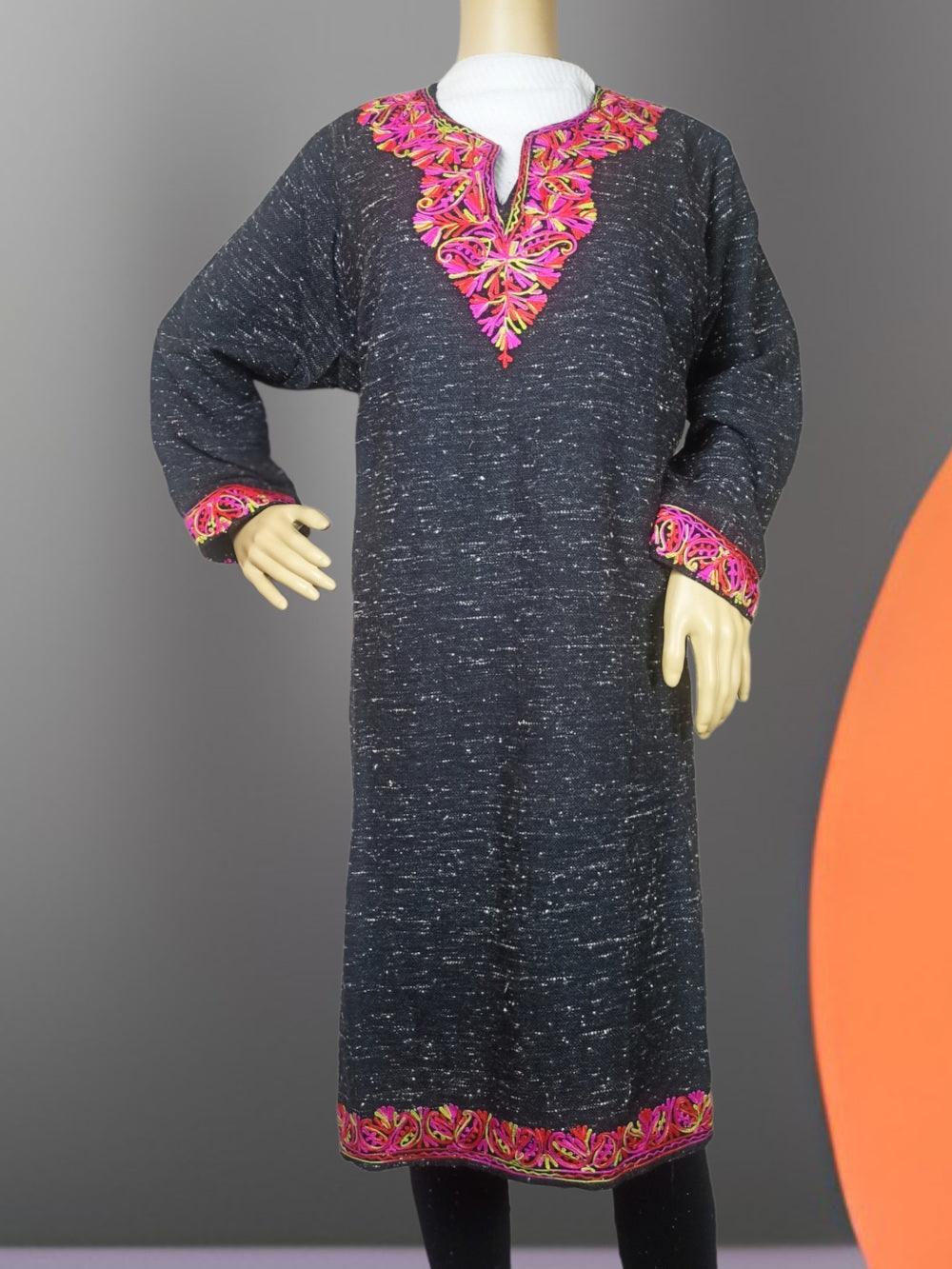 Ladies Yak Wool Faran | Natural Black XL | Kasmiri Culture - ZANSKAR ARTS