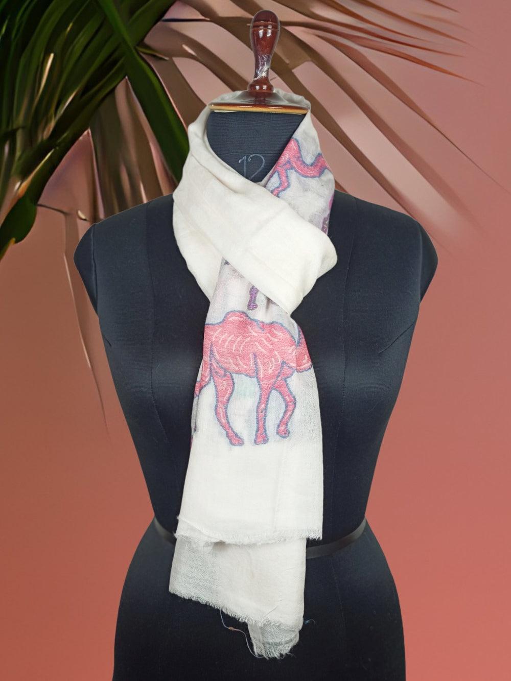 Pashmina Stole | Camel Designed Stole | White Colour - ZANSKAR ARTS