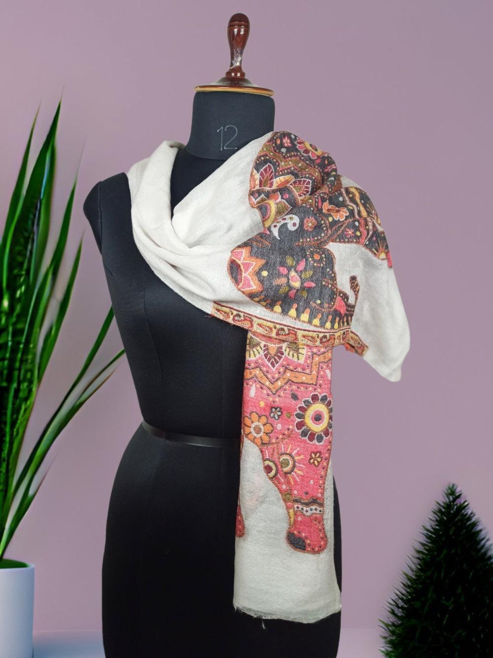 Pashmina Stole | Elephant Designed Stole | White Colour - ZANSKAR ARTS