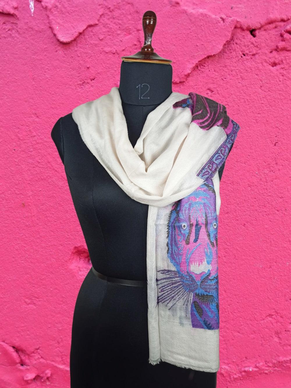 Pashmina Stole | Tiger Designed Stole | White Colour - ZANSKAR ARTS