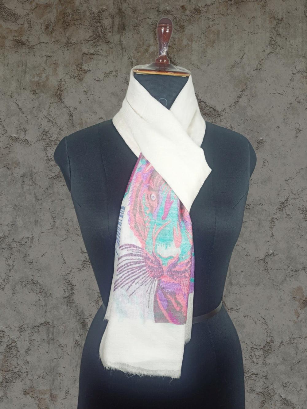 Pashmina Stole | Tiger Designed Stole | WhiteColour - ZANSKAR ARTS