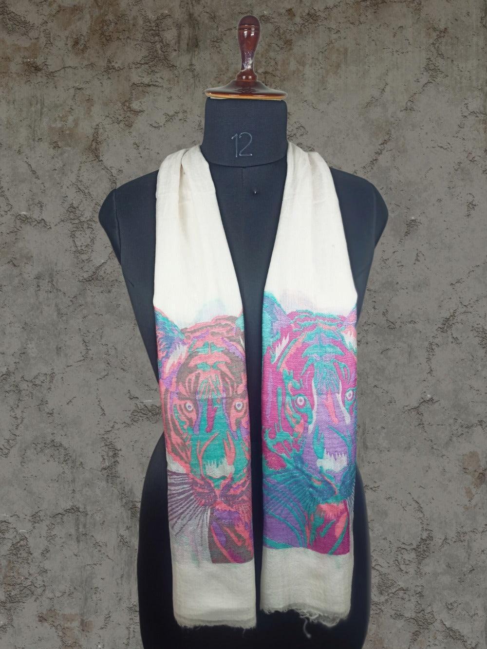 Pashmina Stole | Tiger Designed Stole | WhiteColour - ZANSKAR ARTS