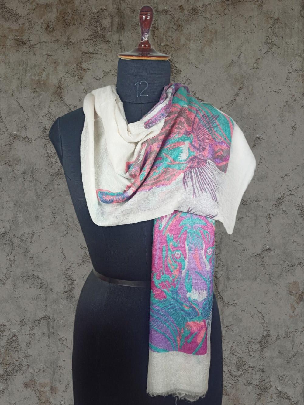 Pashmina Stole | Tiger Designed Stole | WhiteColour - ZANSKAR ARTS