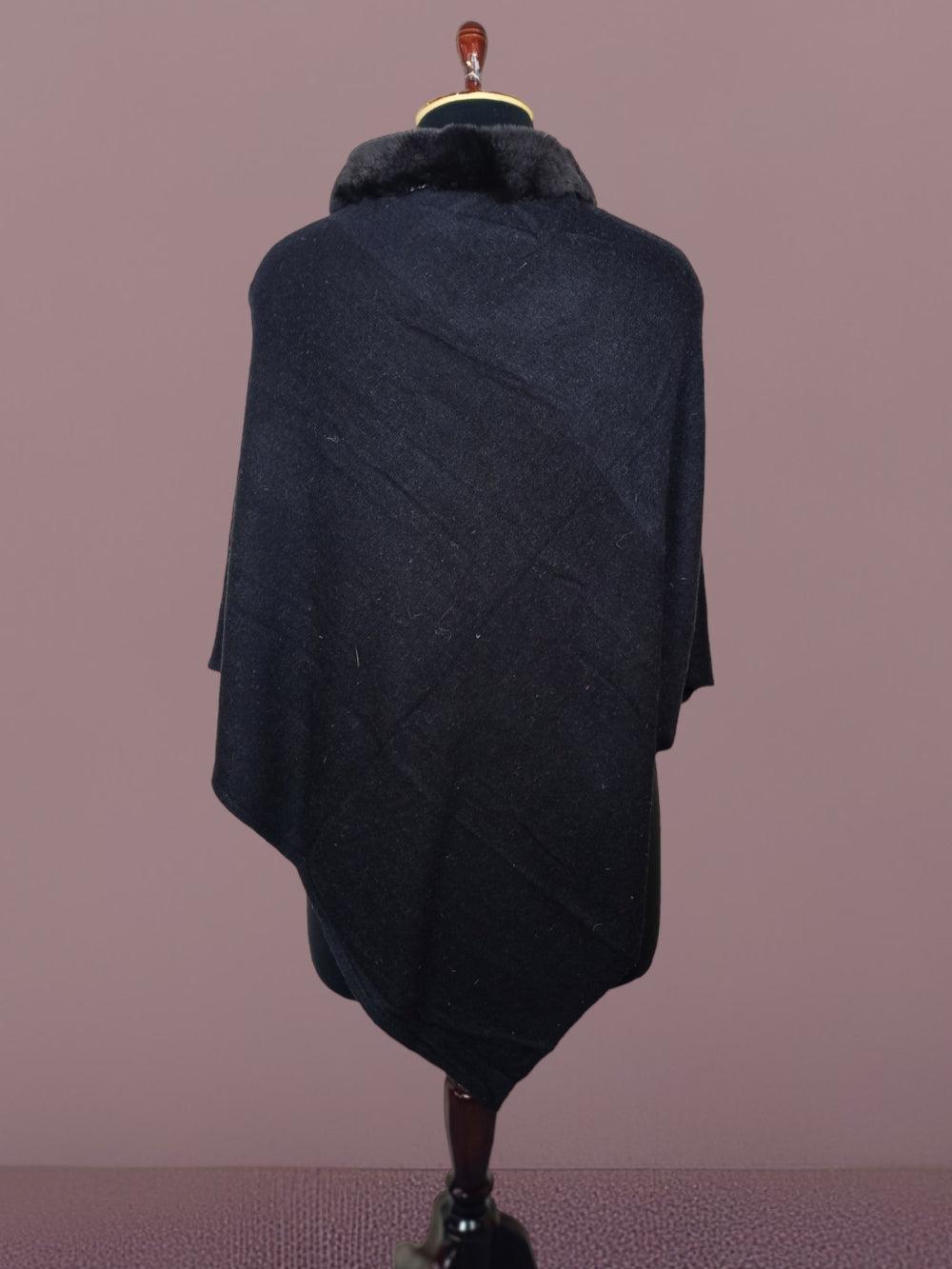 Plain Pashmina Panchu With Black Fur | Black Colour - ZANSKAR ARTS