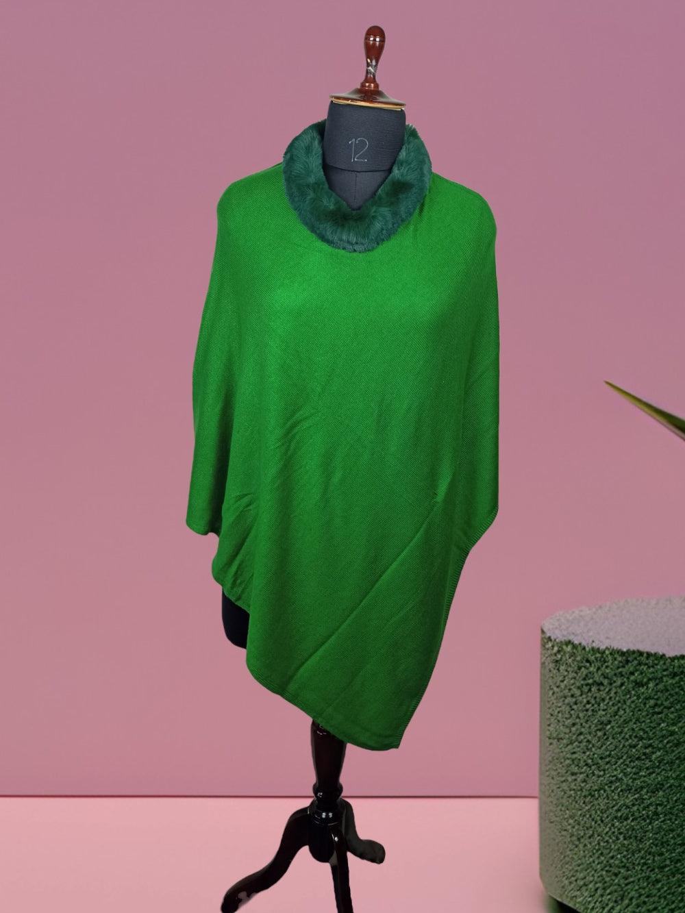 Plain Pashmina Panchu With Fur | Green Colour - ZANSKAR ARTS