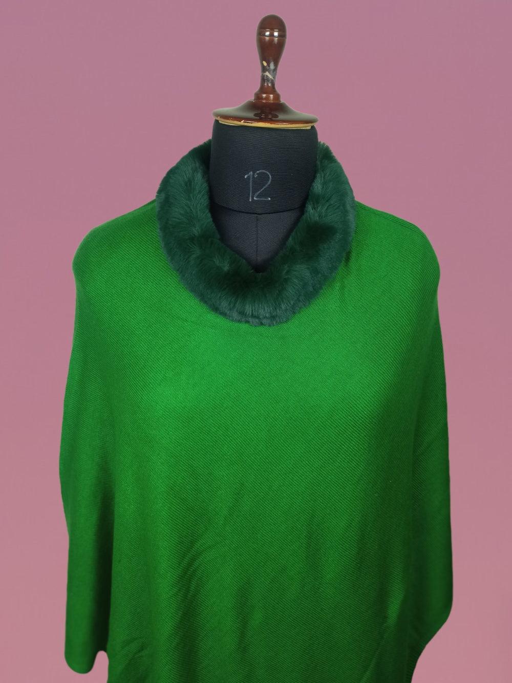 Plain Pashmina Panchu With Fur | Green Colour - ZANSKAR ARTS