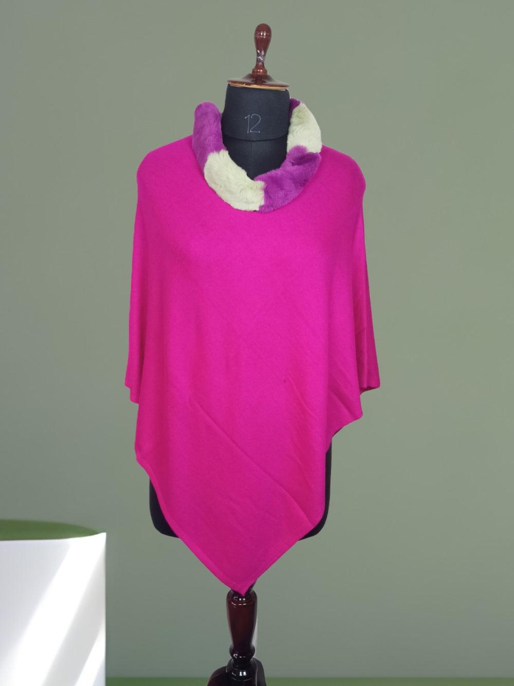 Plain Pashmina Panchu With Fur | Hot Pink Colour - ZANSKAR ARTS