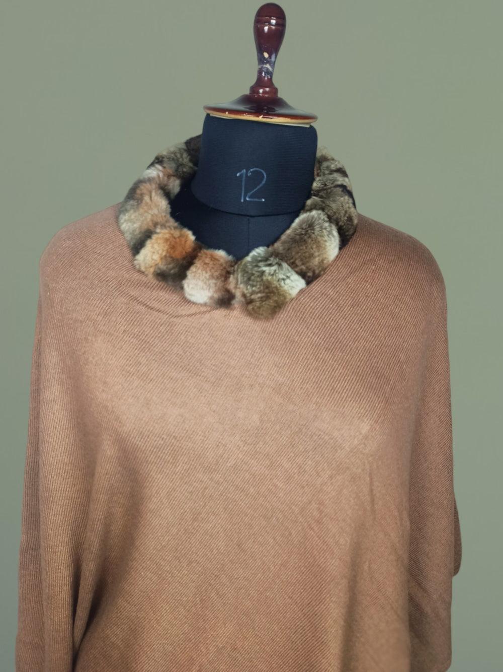 Plain Pashmina Panchu With Fur | Peanut Colour - ZANSKAR ARTS