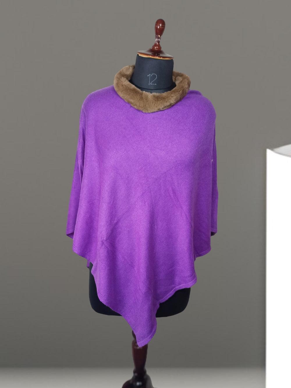 Plain Pashmina Panchu With Fur | Purple Colour - ZANSKAR ARTS