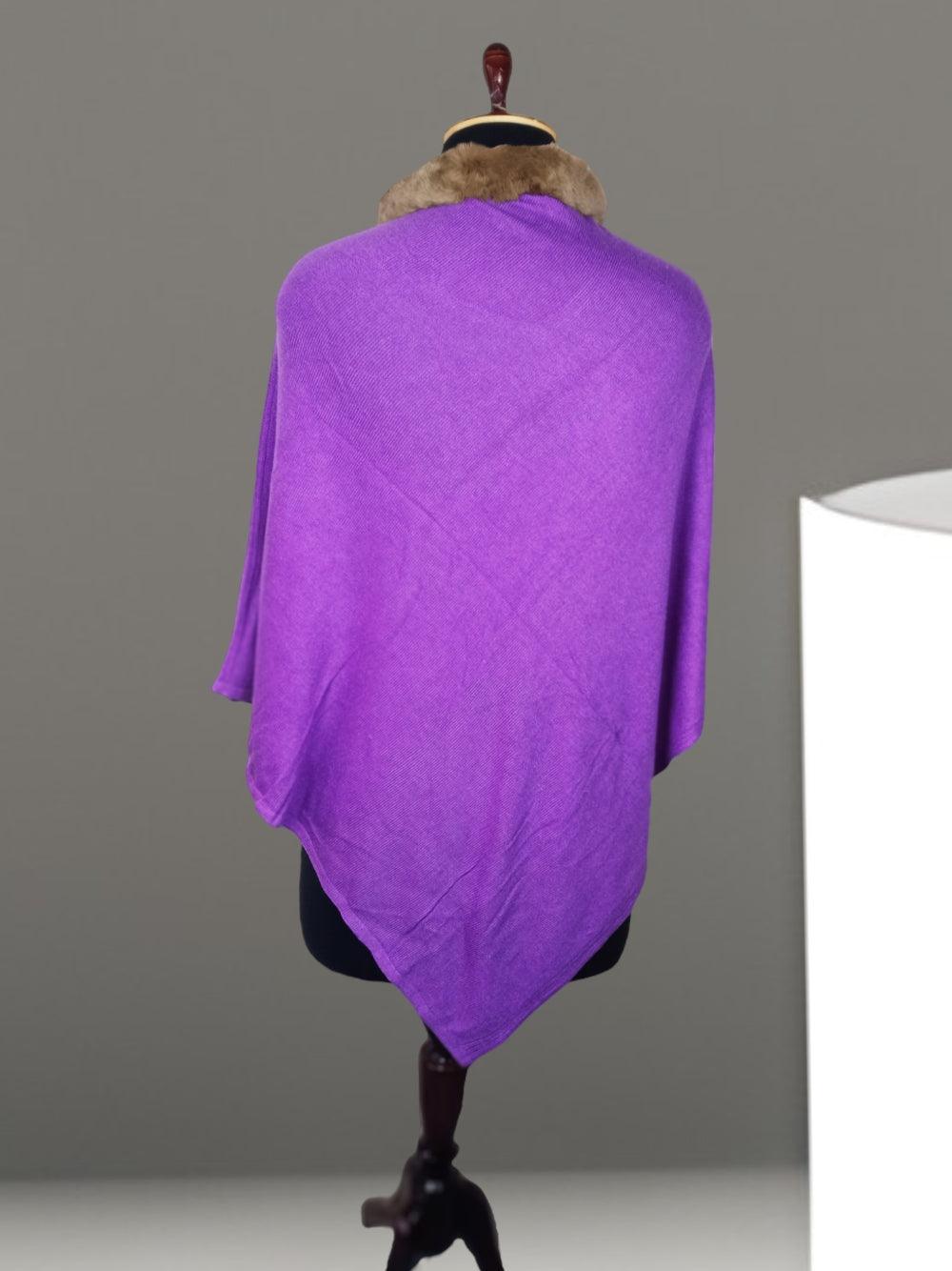 Plain Pashmina Panchu With Fur | Purple Colour - ZANSKAR ARTS