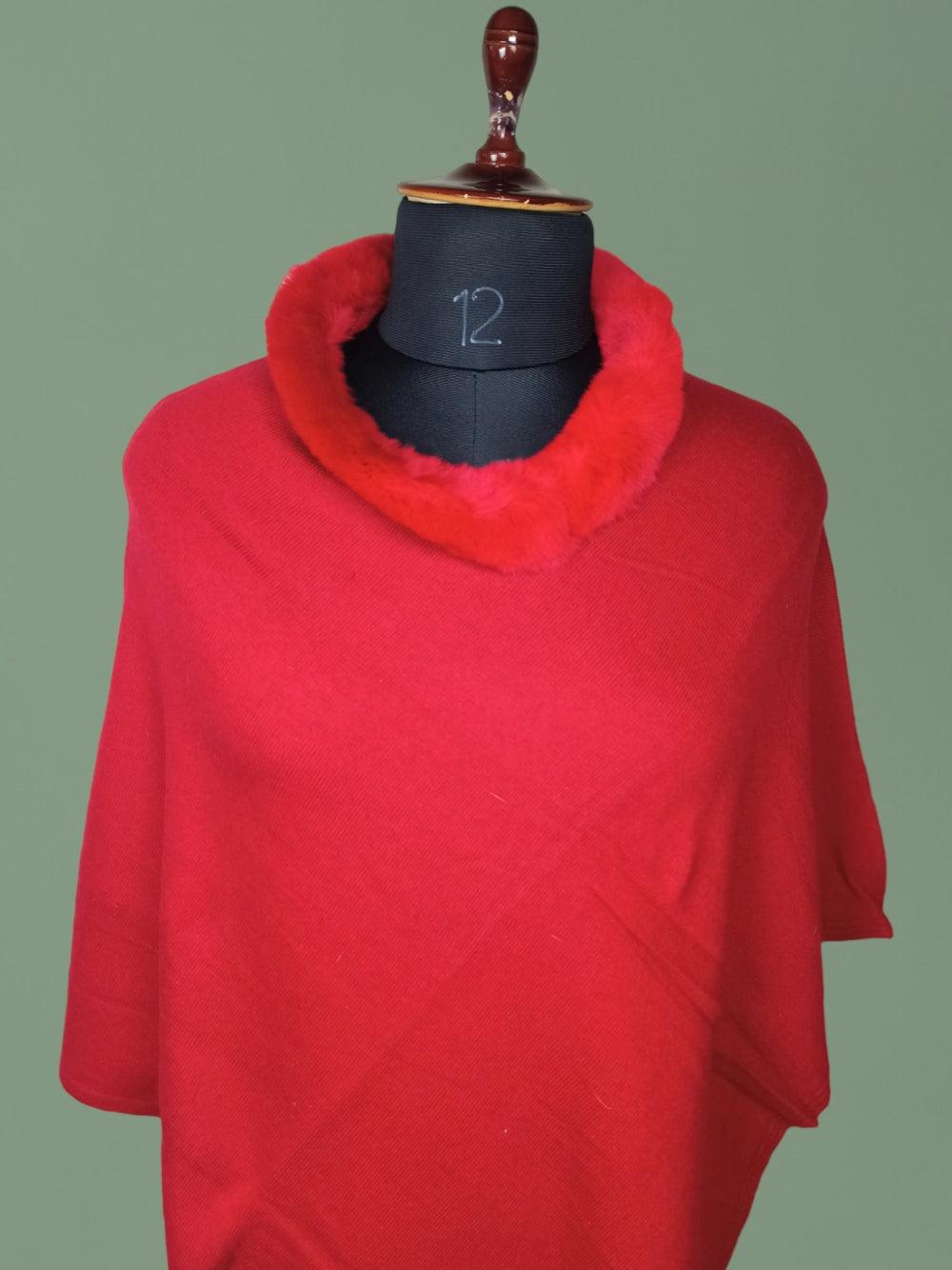 Plain Pashmina Panchu With Fur | Red Colour - ZANSKAR ARTS