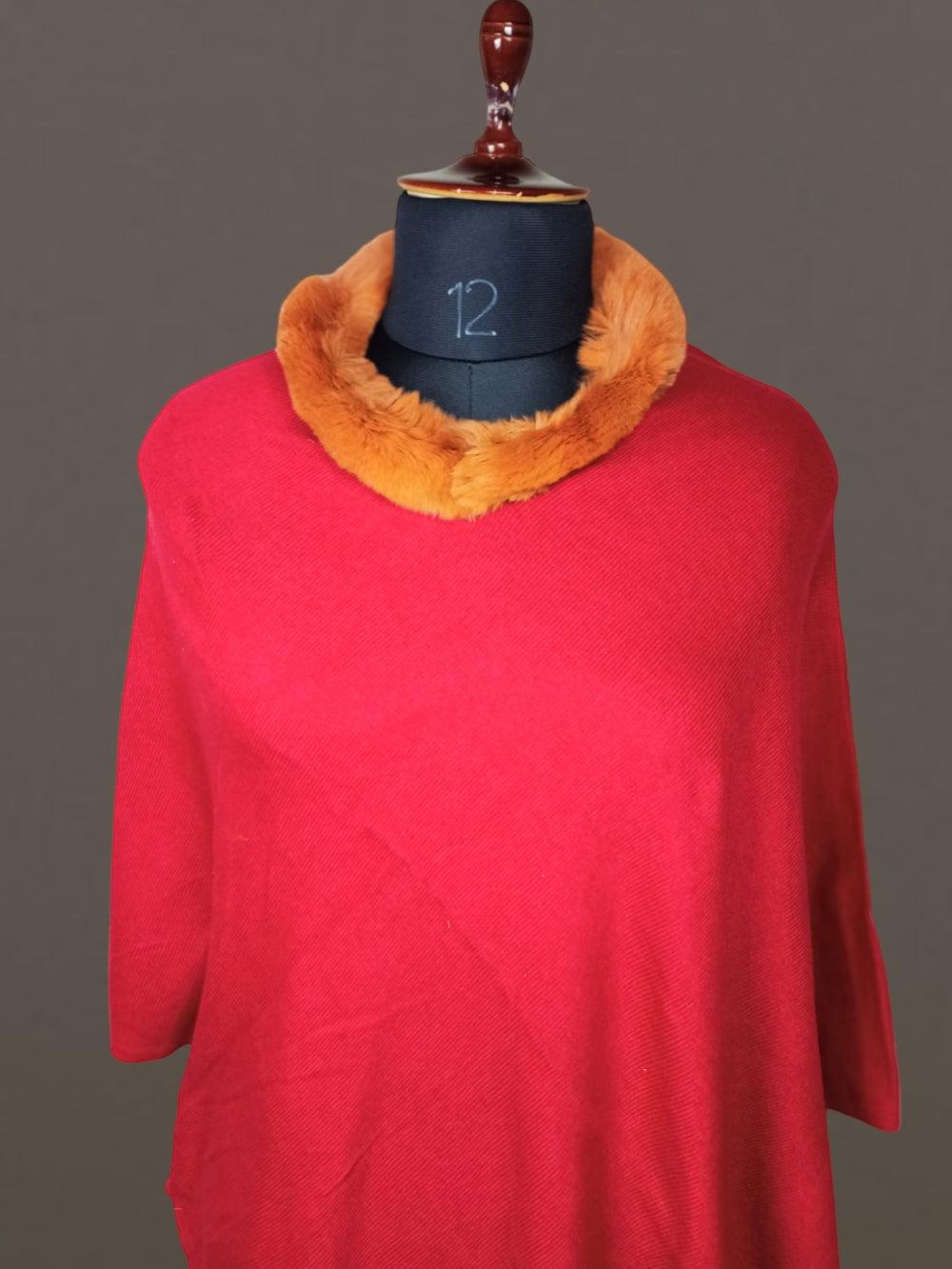 Plain Pashmina Panchu With Fur | Red Colour - ZANSKAR ARTS