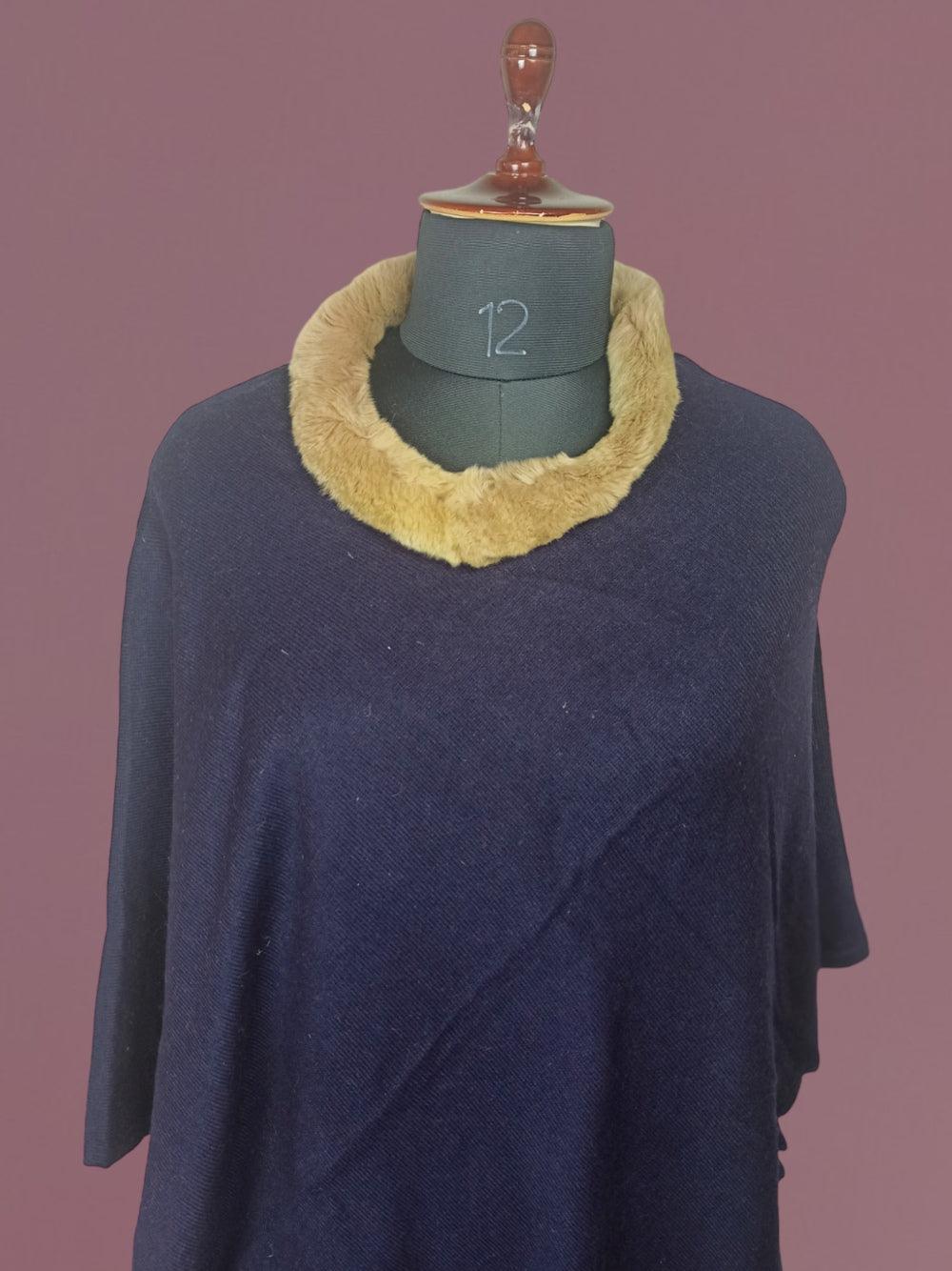 Plain Pashmina Panchu With Fur | Royal Bule Colour - ZANSKAR ARTS