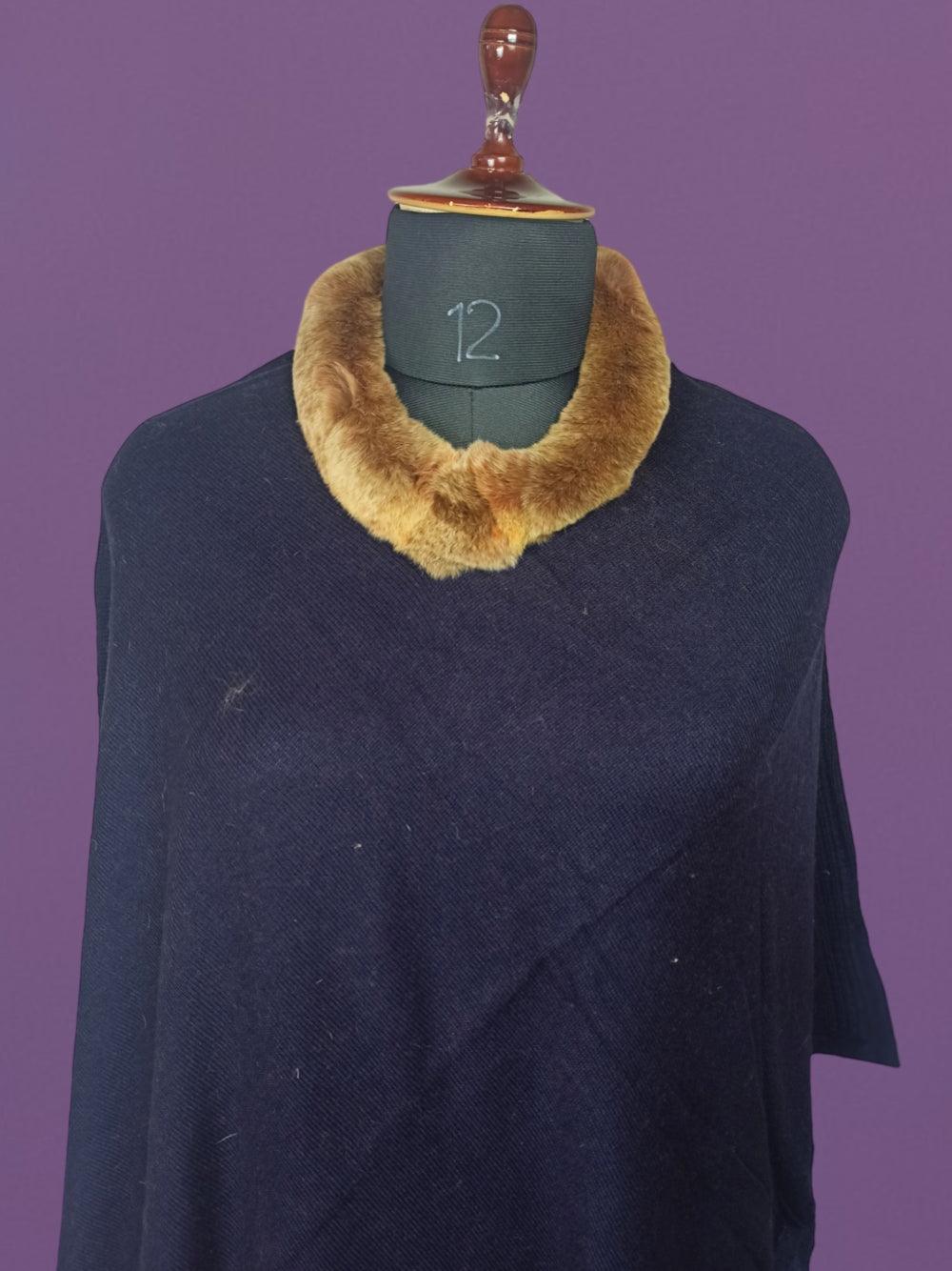 Plain Pashmina Panchu With Fur | Royal Bule Colour - ZANSKAR ARTS