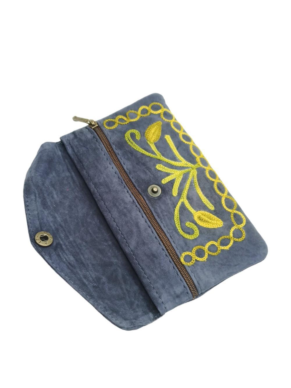 Suede Leather Flap Purse | Kashmiri Flap Purse | 6" Zip Purse - ZANSKAR ARTS