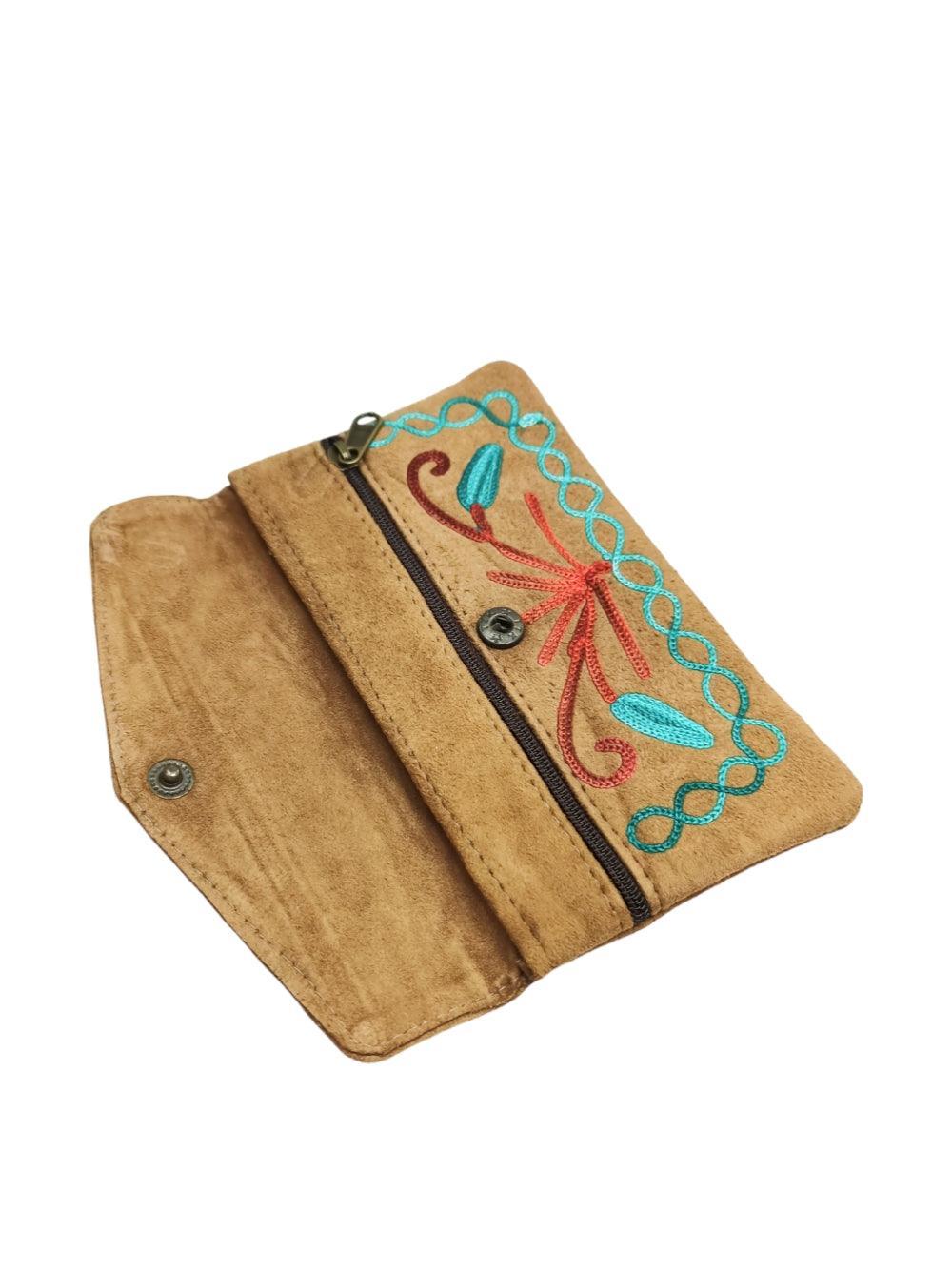 Suede Leather Flap Purse | Kashmiri Flap Purse | 6" Zip Purse - ZANSKAR ARTS