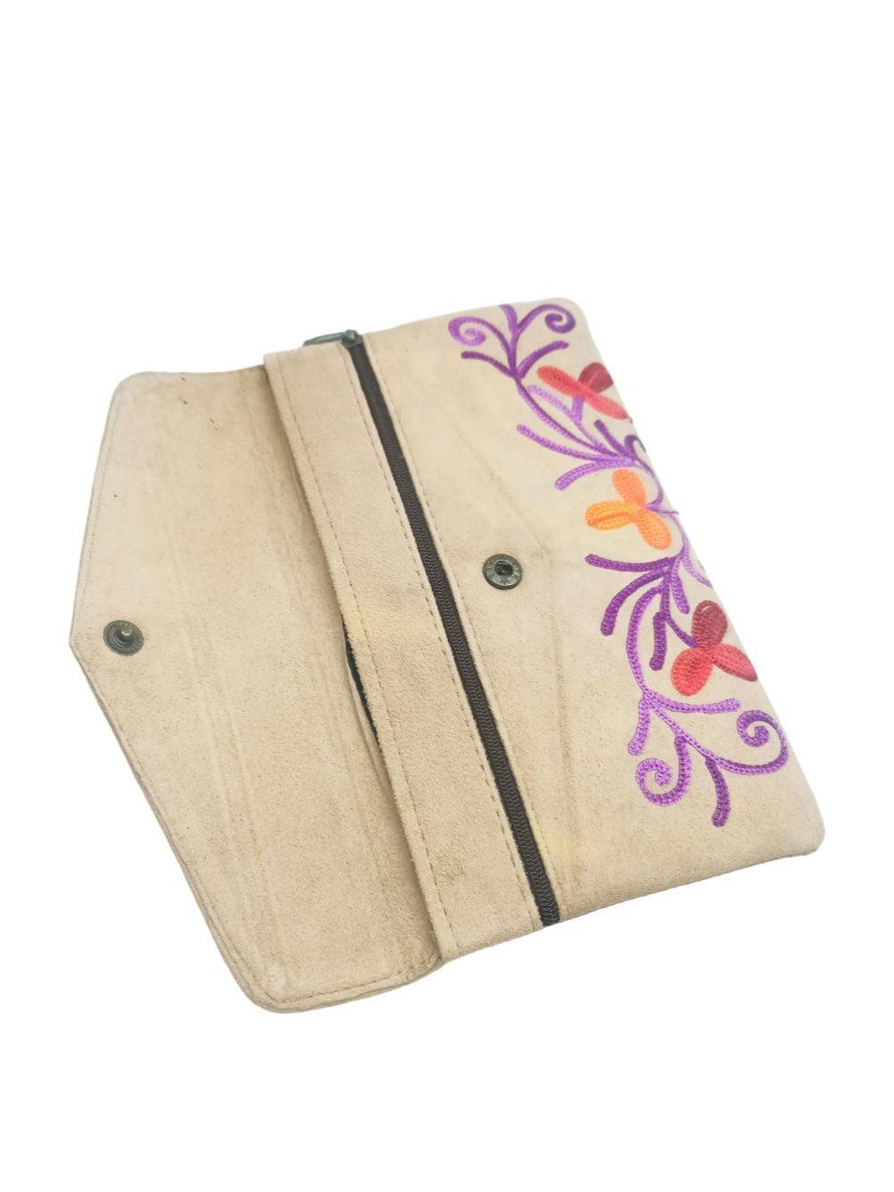 Suede Leather Flap Purse | Kashmiri Flap Purse | 8" Zip Purse - ZANSKAR ARTS