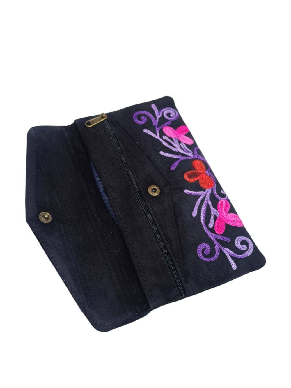 Suede Leather Flap Purse | Kashmiri Flap Purse | 8" Zip Purse - ZANSKAR ARTS