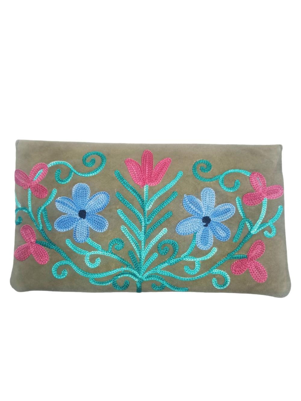 Suede Leather Flap Purse | Kashmiri Flap Purse | 8" Zip Purse - ZANSKAR ARTS