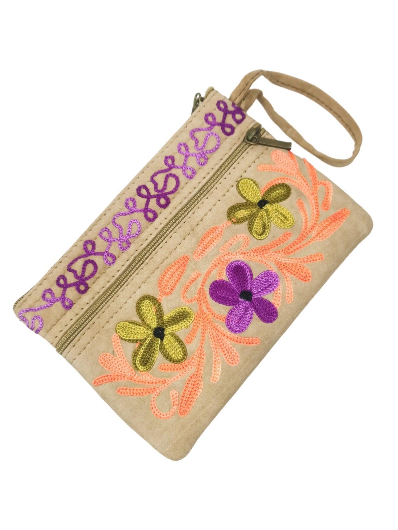 Suede Leather Purse | Aari Hand Purch | 6" 3 Zip Embroidered Purse - ZANSKAR ARTS