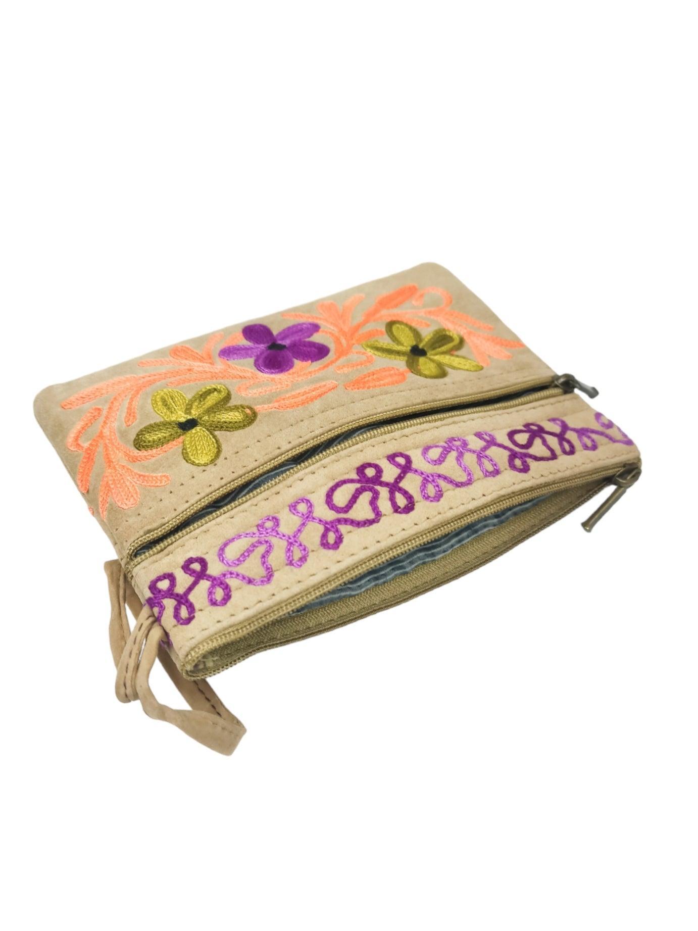 Suede Leather Purse | Aari Hand Purch | 6" 3 Zip Embroidered Purse - ZANSKAR ARTS