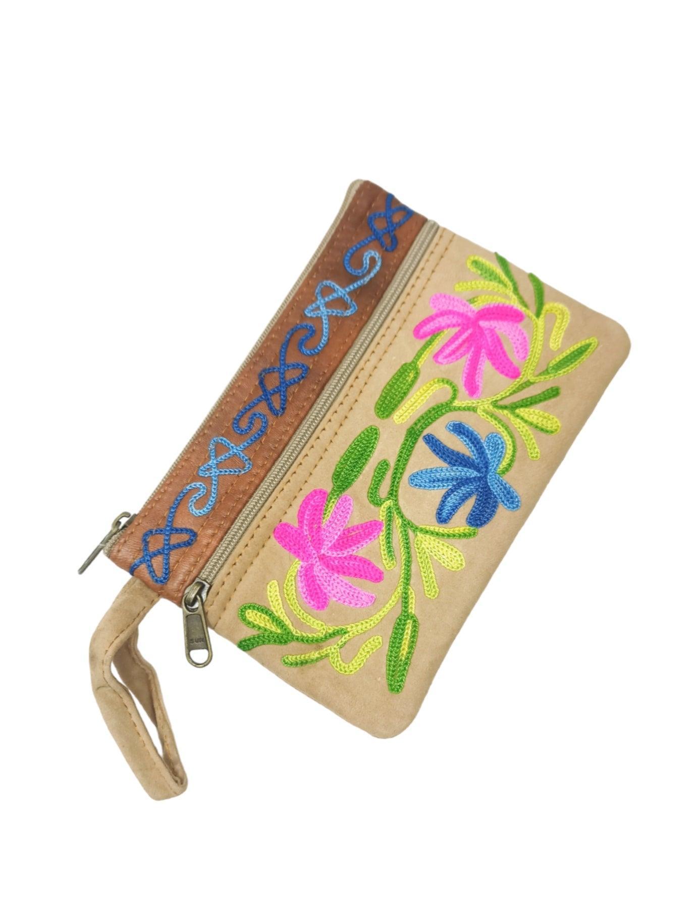 Suede Leather Purse | Aari Hand Purch | 6" 3 Zip Embroidered Purse - ZANSKAR ARTS