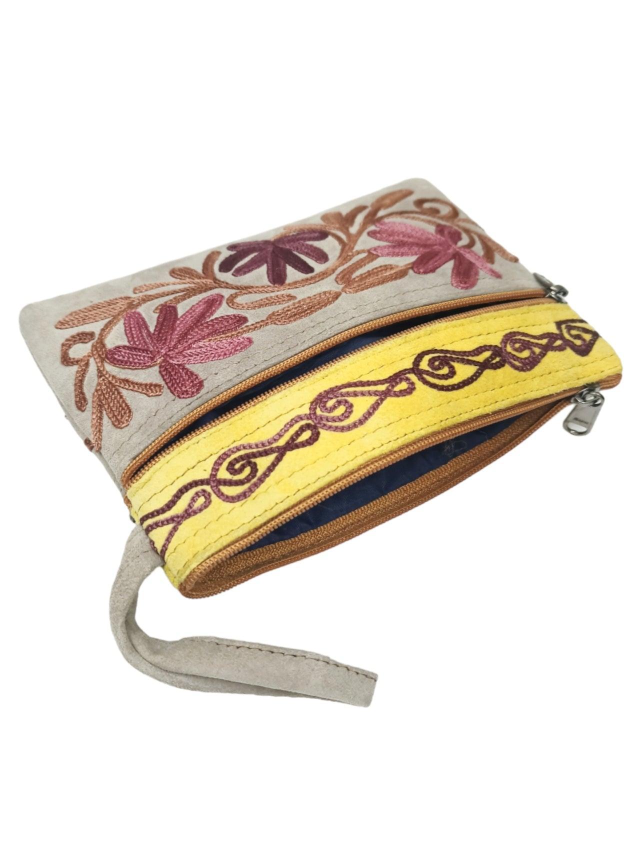 Suede Leather Purse | Aari Hand Purch | 6" 3 Zip Embroidered Purse - ZANSKAR ARTS