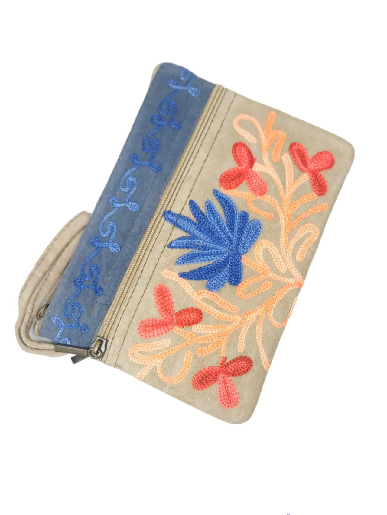 Suede Leather Purse | Aari Hand Purch | 6" 3 Zip Embroidered Purse - ZANSKAR ARTS