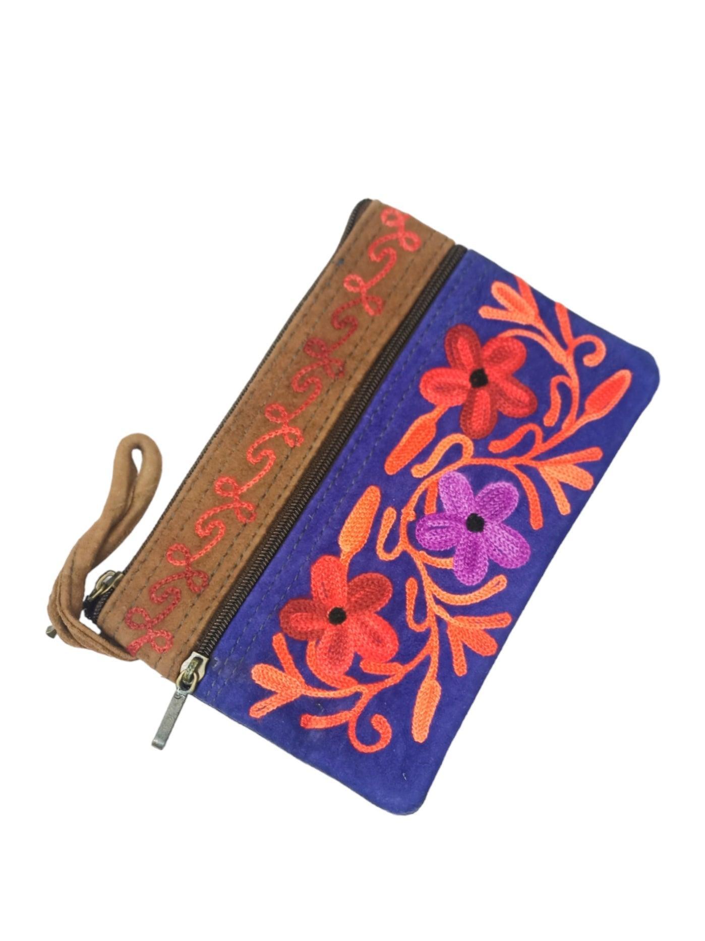 Suede Leather Purse | Aari Hand Purch | 6" 3 Zip Embroidered Purse - ZANSKAR ARTS