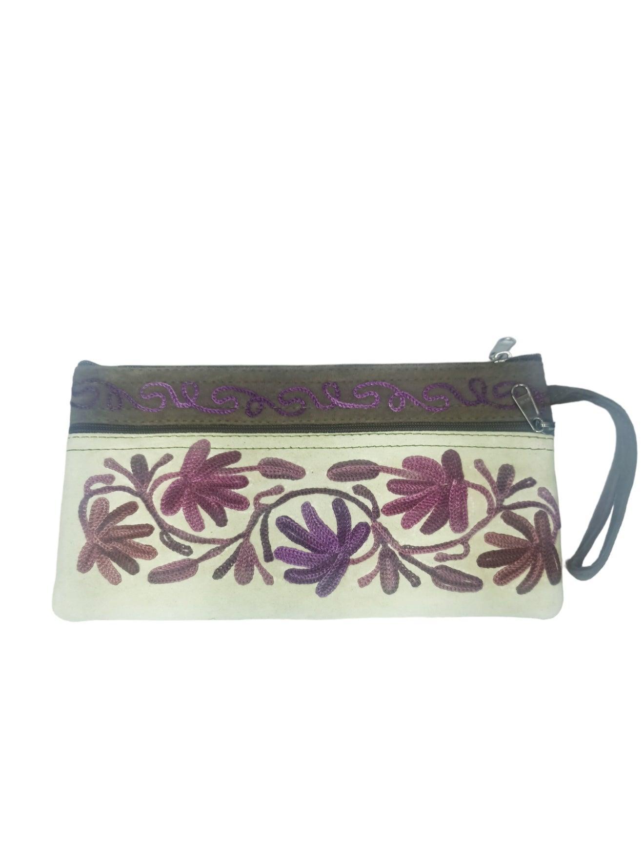 Suede Leather Purse | Aari Hand Purch | 8" 3 Zip Embroidered Purse - ZANSKAR ARTS