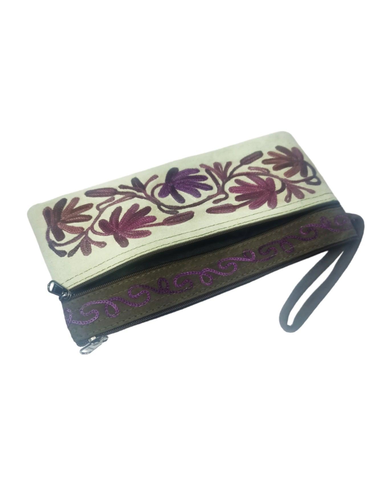 Suede Leather Purse | Aari Hand Purch | 8" 3 Zip Embroidered Purse - ZANSKAR ARTS