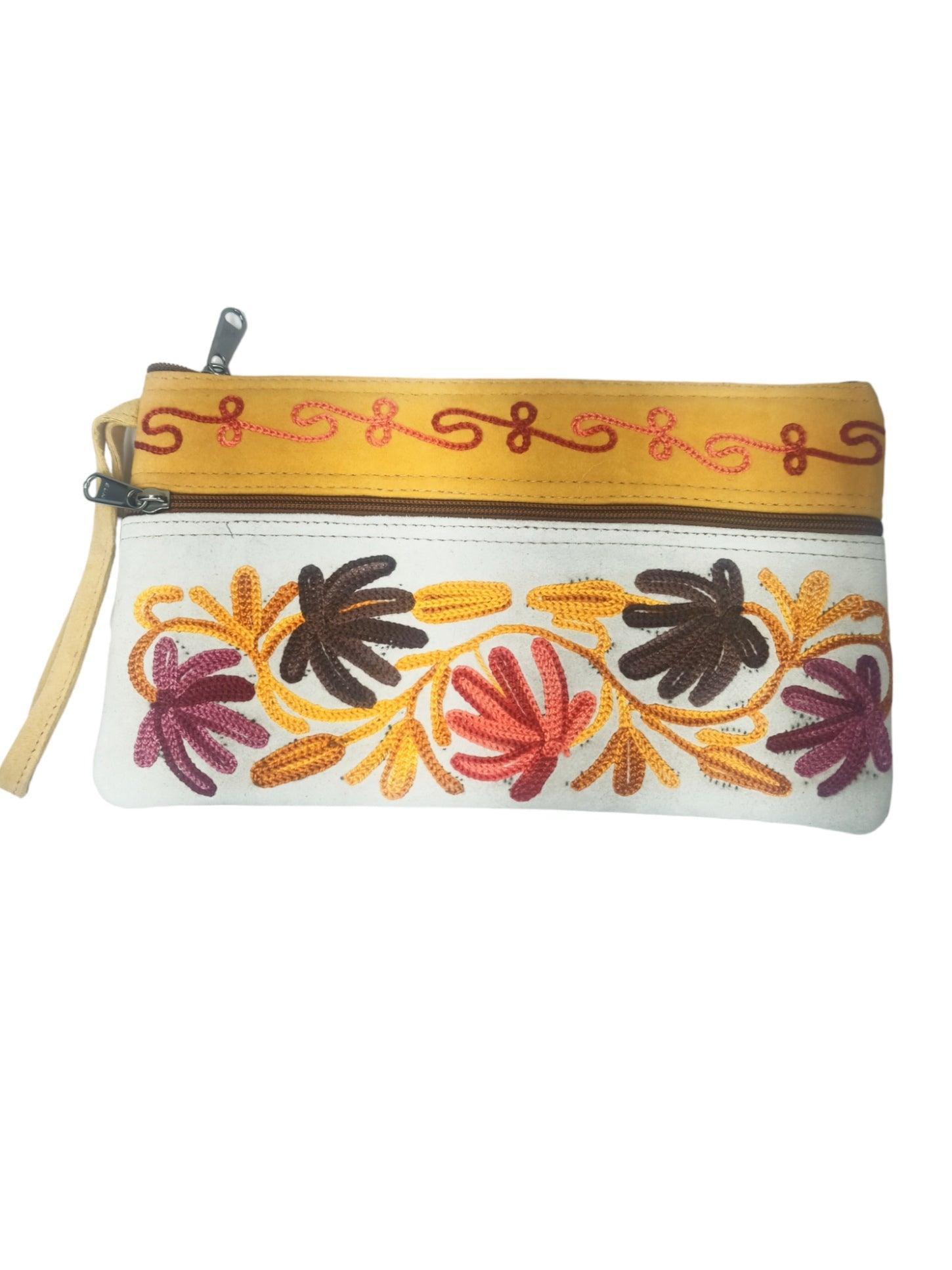 Suede Leather Purse | Aari Hand Purch | 8" 3 Zip Embroidered Purse - ZANSKAR ARTS