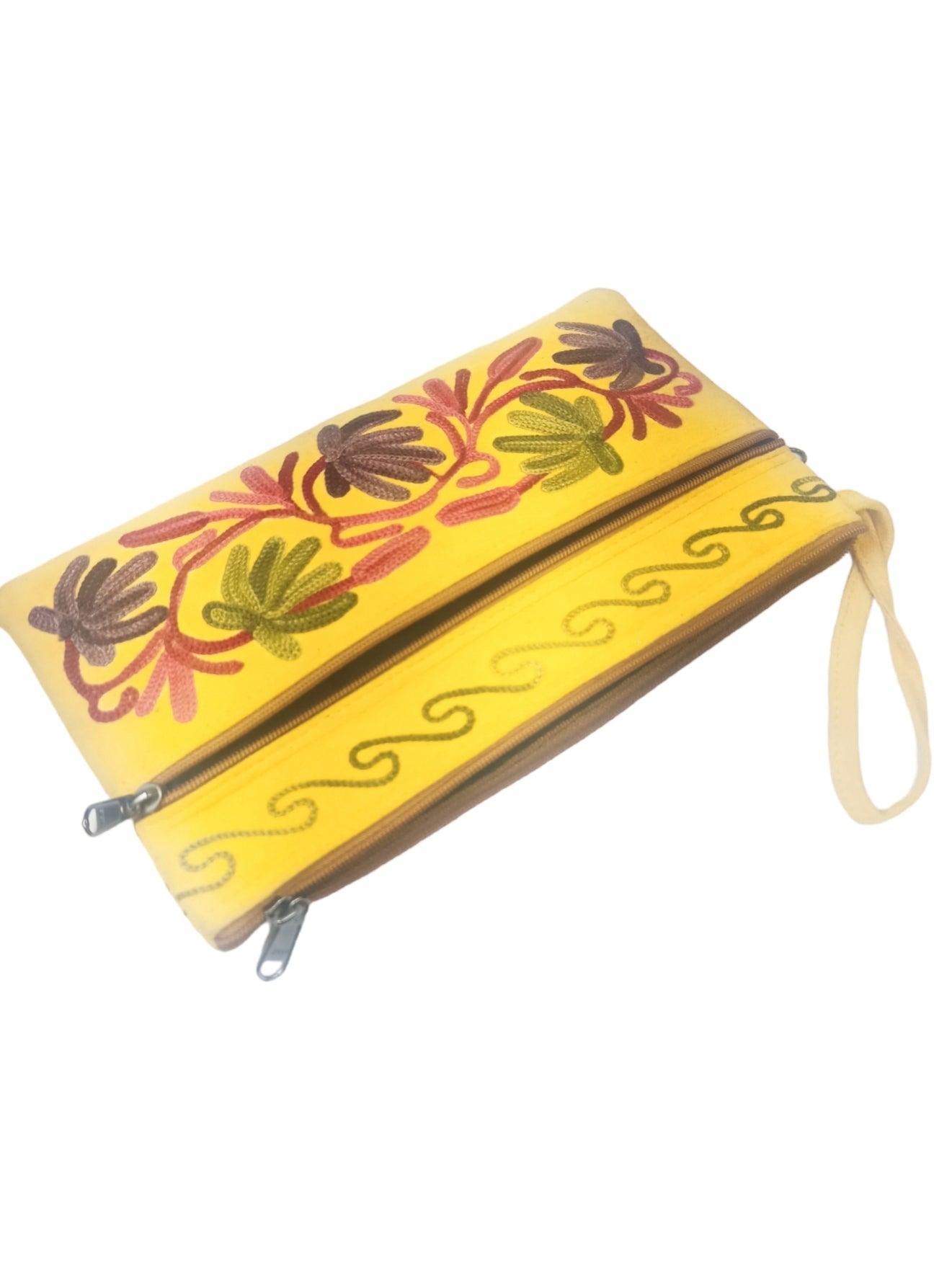 Suede Leather Purse | Aari Hand Purch | 8" 3 Zip Embroidered Purse - ZANSKAR ARTS