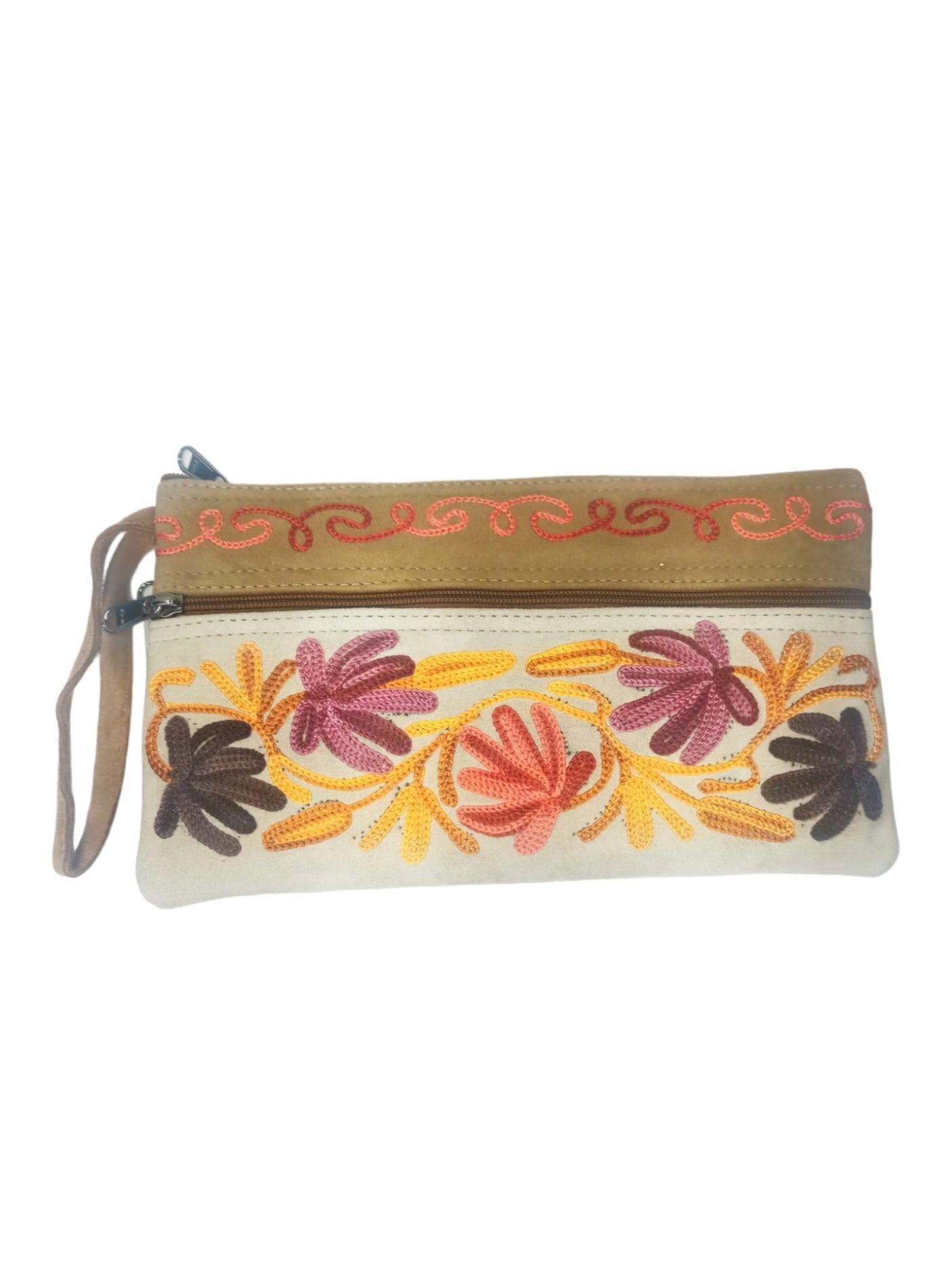 Suede Leather Purse | Aari Hand Purch | 8" 3 Zip Embroidered Purse - ZANSKAR ARTS