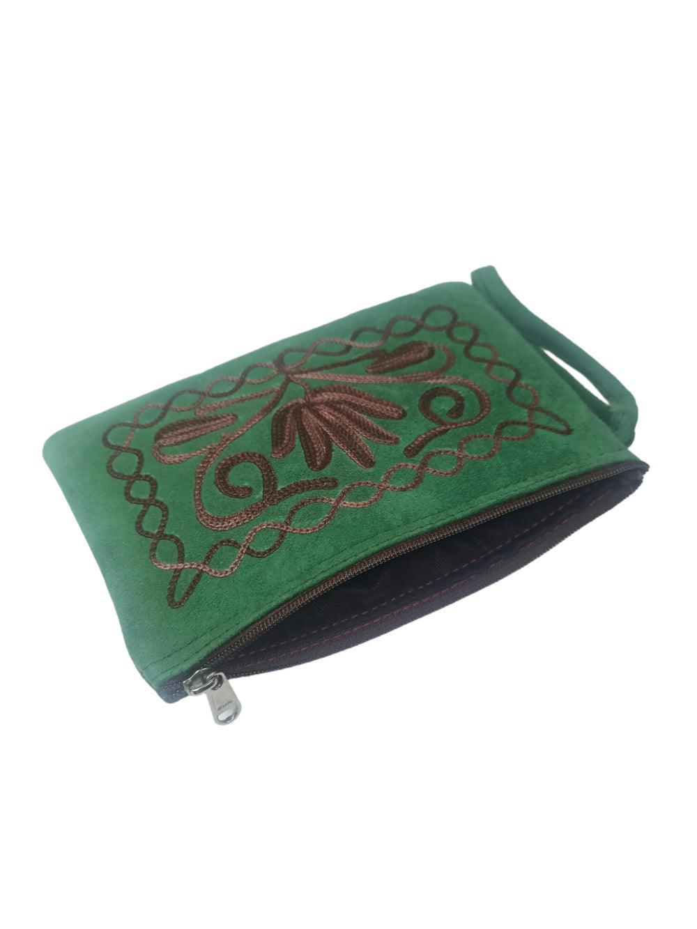 Suede Leather Purse Single Zip | Aari Hand Purch | 6"Zip Purse - ZANSKAR ARTS