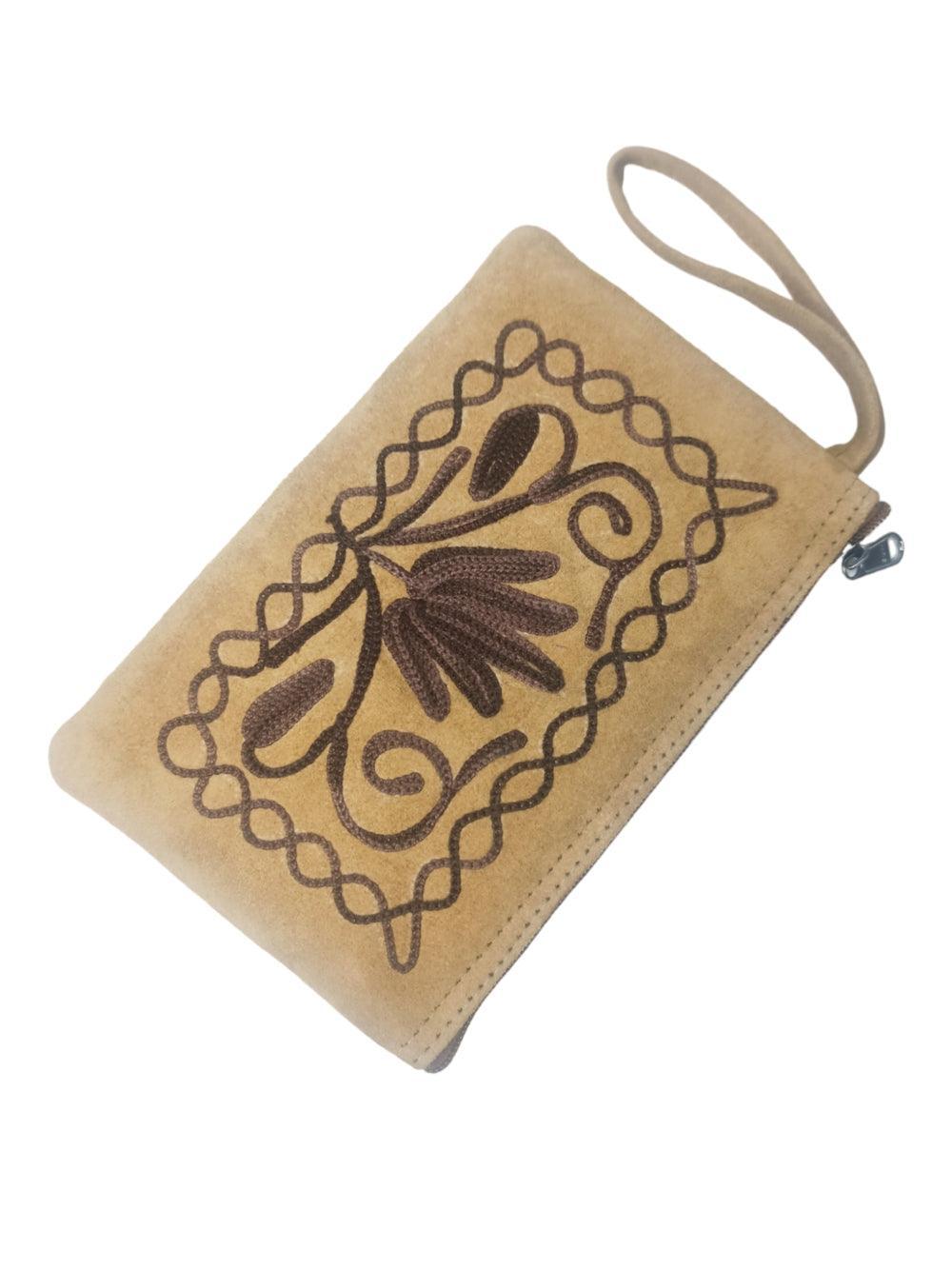 Suede Leather Purse Single Zip | Aari Hand Purch | 6"Zip Purse - ZANSKAR ARTS