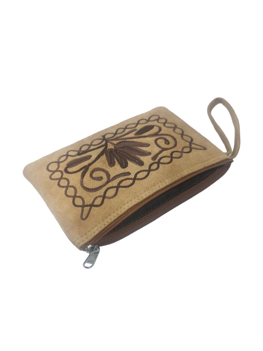 Suede Leather Purse Single Zip | Aari Hand Purch | 6"Zip Purse - ZANSKAR ARTS