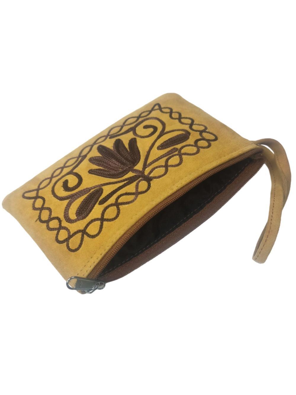 Suede Leather Purse Single Zip | Aari Hand Purch | 6"Zip Purse - ZANSKAR ARTS