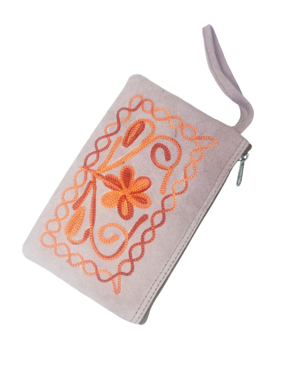 Suede Leather Purse Single Zip | Aari Hand Purch | 6"Zip Purse - ZANSKAR ARTS