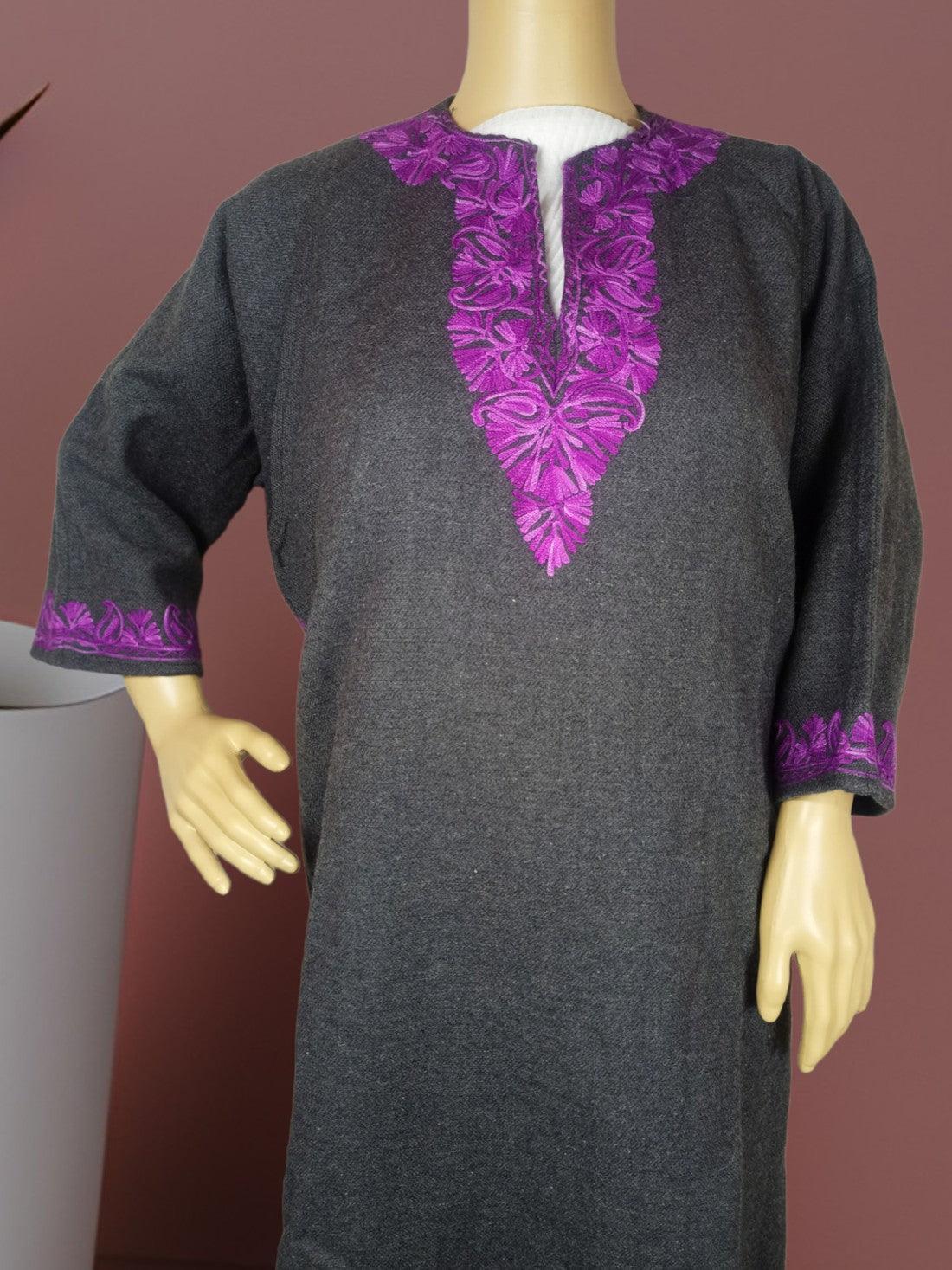 Women Yak Wool Faran | L Grey | V Neck - ZANSKAR ARTS