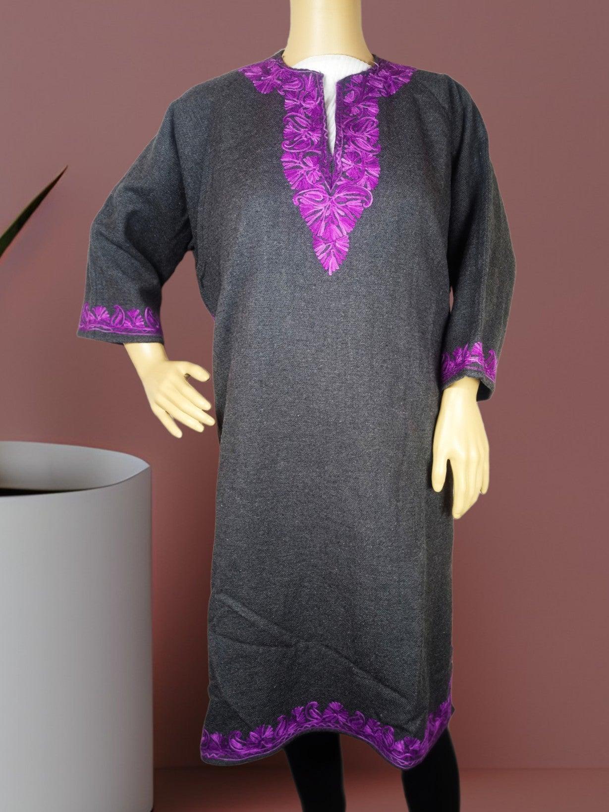 Women Yak Wool Faran | L Grey | V Neck - ZANSKAR ARTS