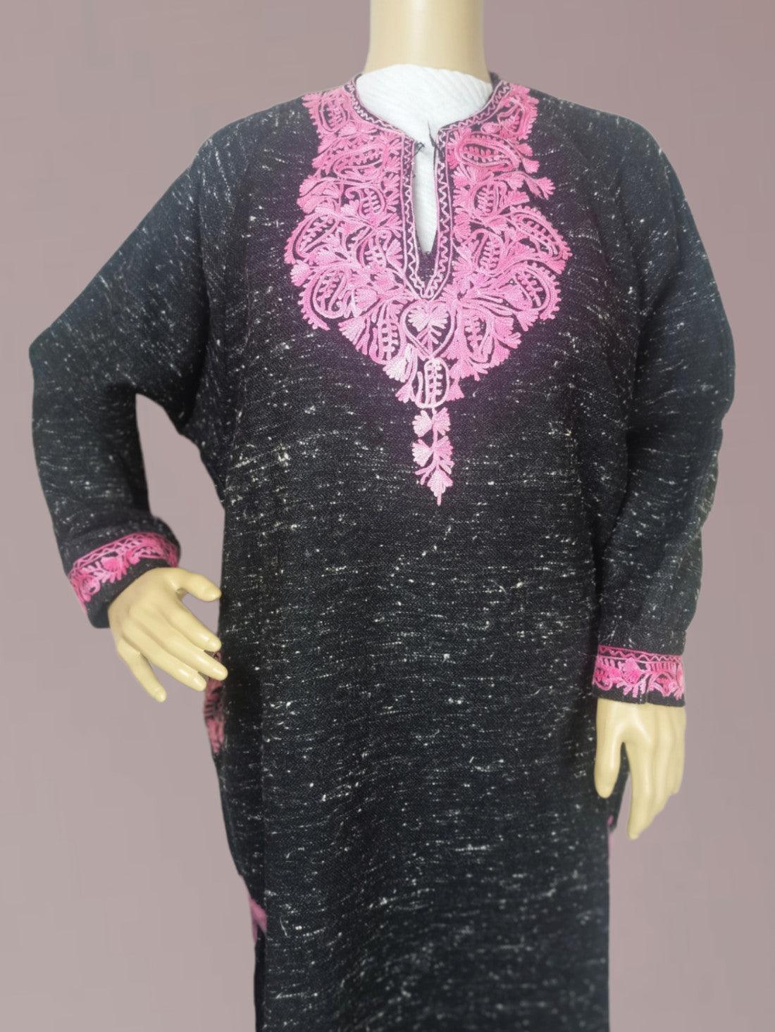 Women Yak Wool Faran (Phiran) | XL BLack White Dots | V Neck - ZANSKAR ARTS