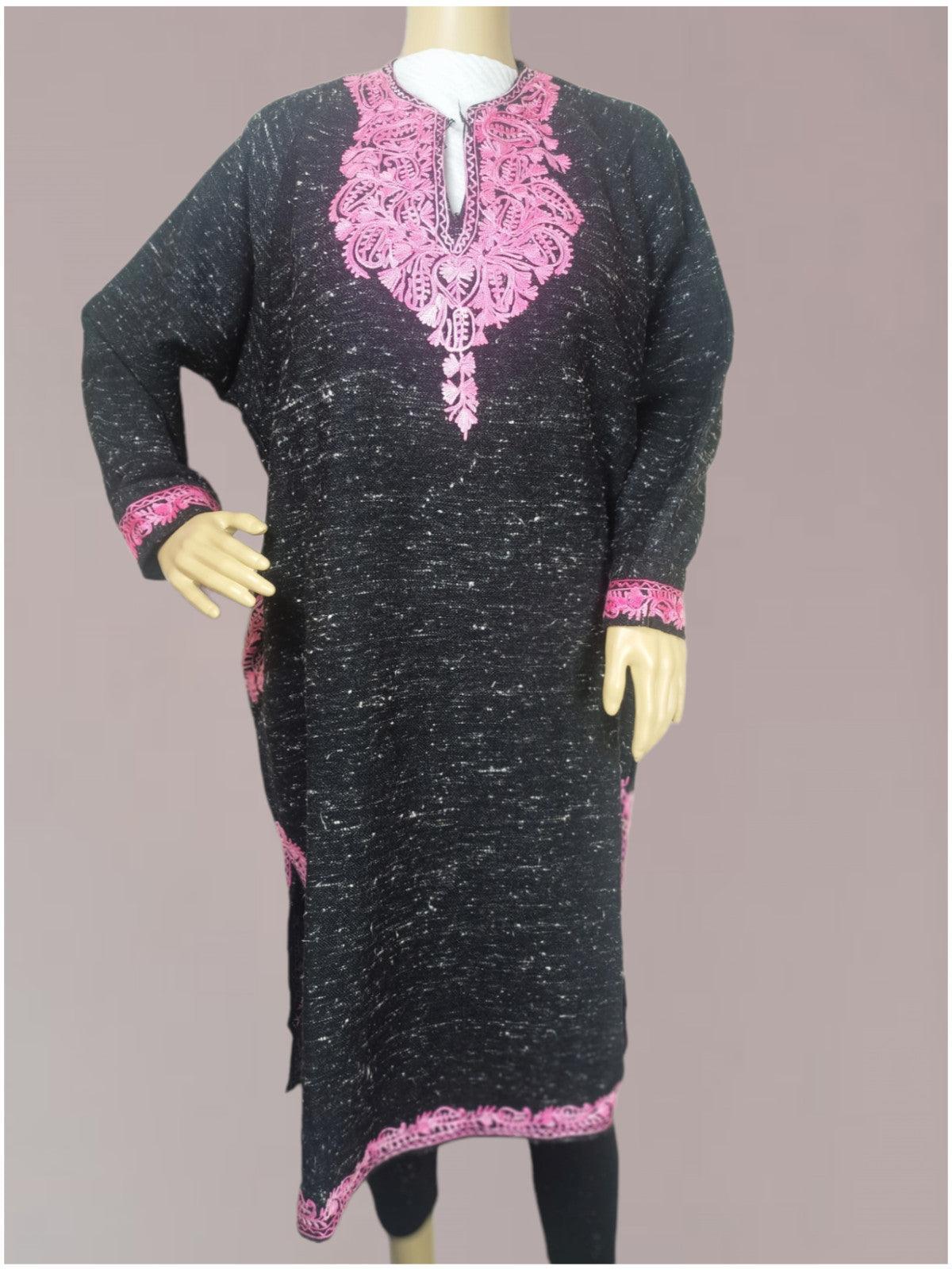 Women Yak Wool Faran (Phiran) | XL BLack White Dots | V Neck - ZANSKAR ARTS