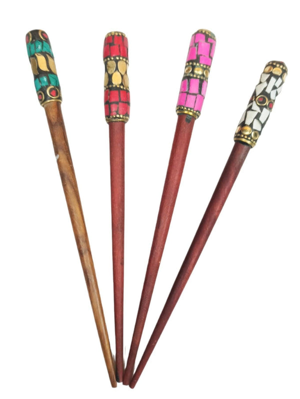 Set of four wooden hairpins with colorful imitation stone inlays in turquoise, red, pink, and white designs